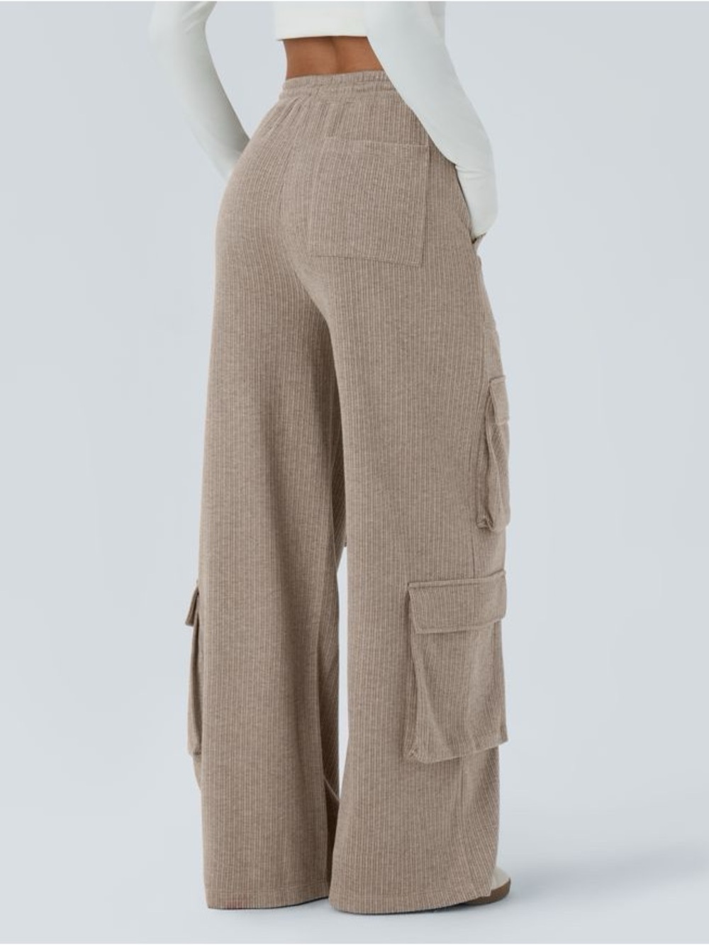 Halara Ribbed Mid Rise Drawstring Pockets Wide Leg Cargo Casual Pants Size Small - Picture 2 of 6